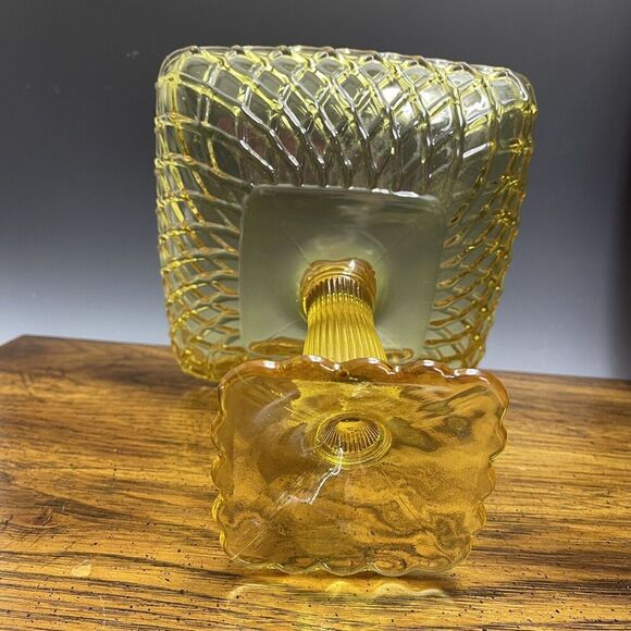LE Smith Footed Trellis Square Compote Bowl Vase Weave Yellow Glass LARGE‎ 8.5"H - Picture 10 of 14